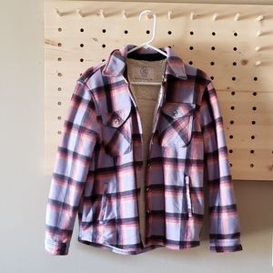 Fuzzy plaid flannel button up jacket